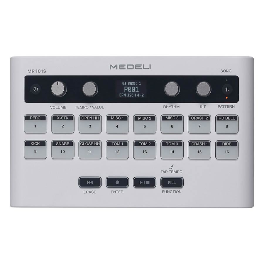 Medeli MR101S - Portable Rhythm Machine in white with digital display, buttons, and control knobs by Medeli