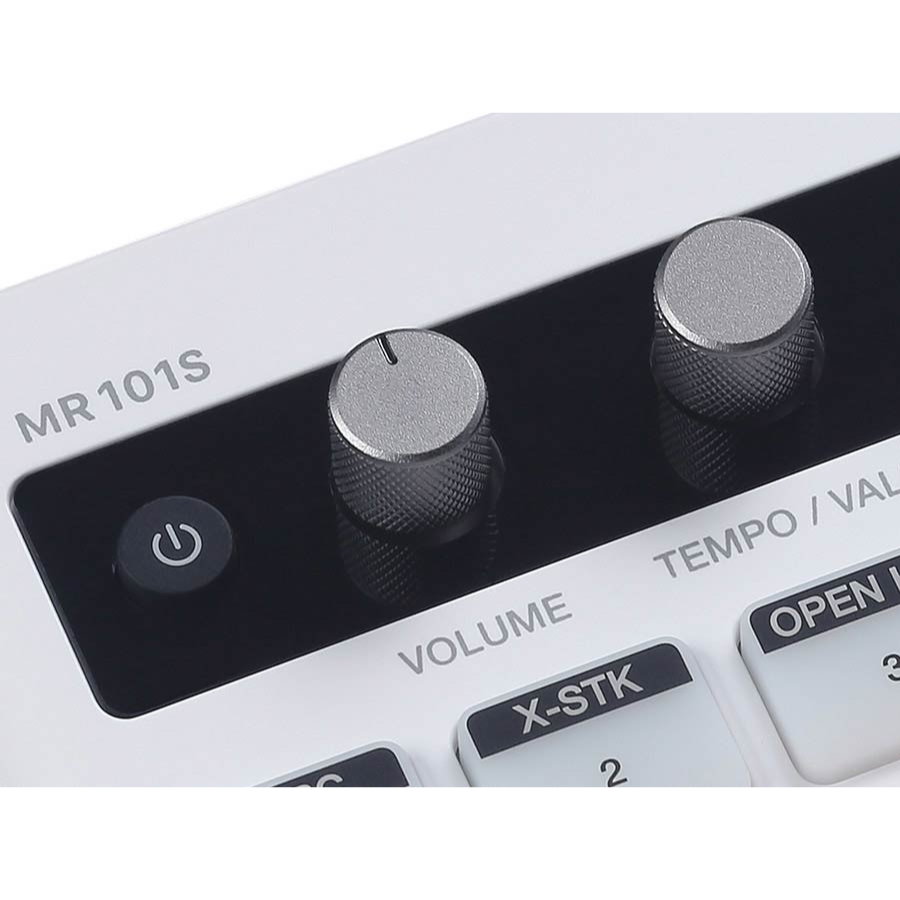 Close-up of volume and tempo knobs with power button on the Medeli MR101S - Portable Rhythm Machine by Medeli