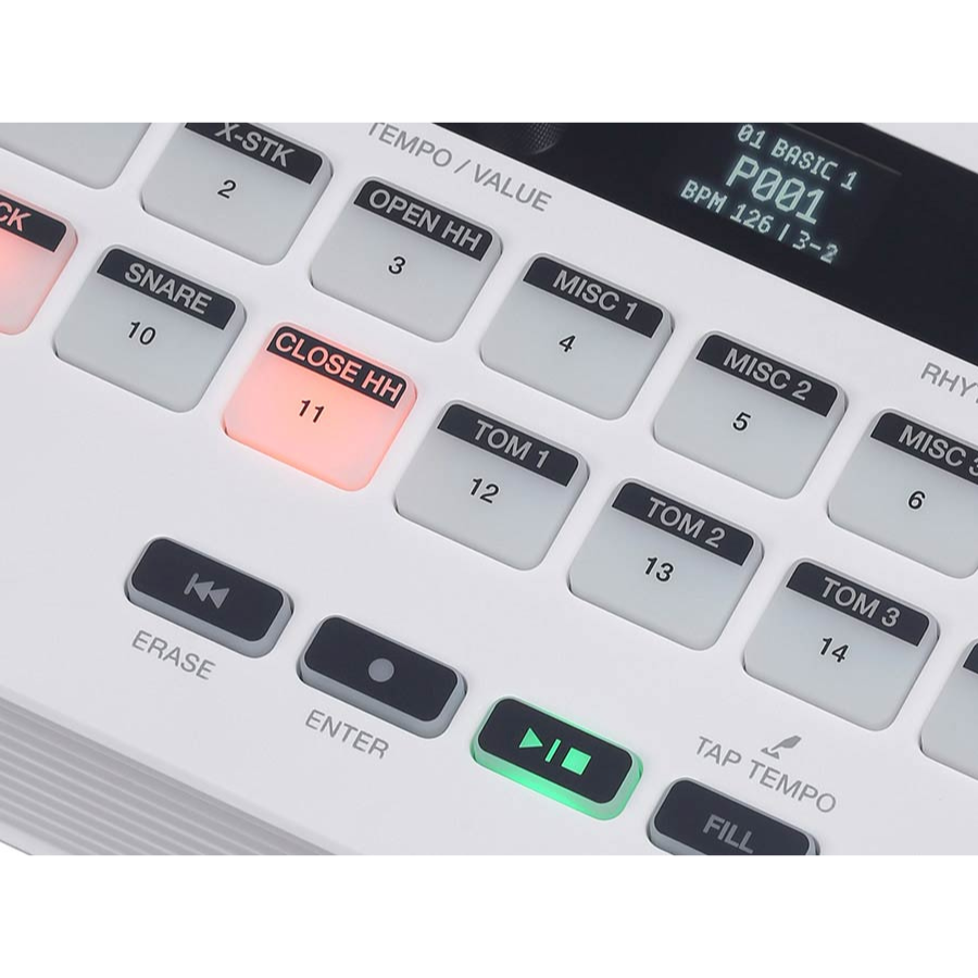 Close-up of Medeli MR101S - Portable Rhythm Machine control panel with illuminated beat and play buttons