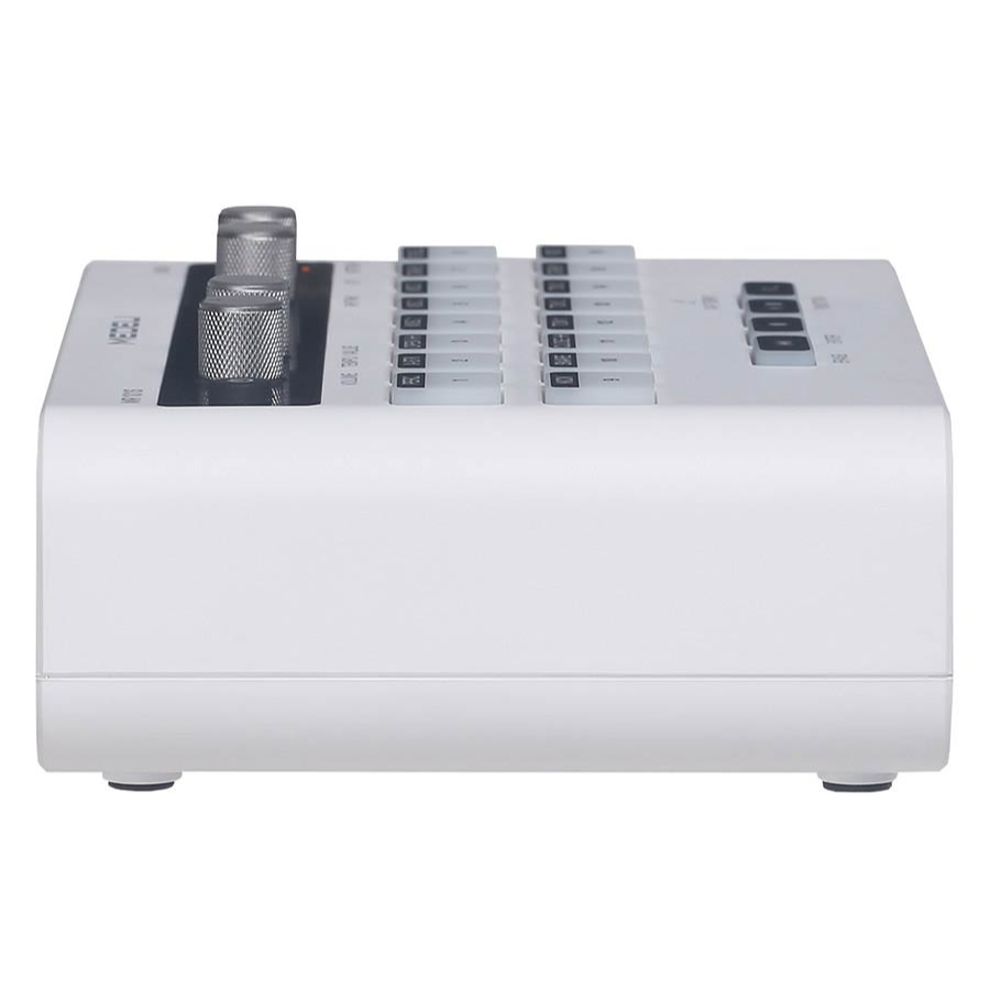 Medeli MR101S - Portable Rhythm Machine in white showing side view with control knobs and buttons by Medeli.