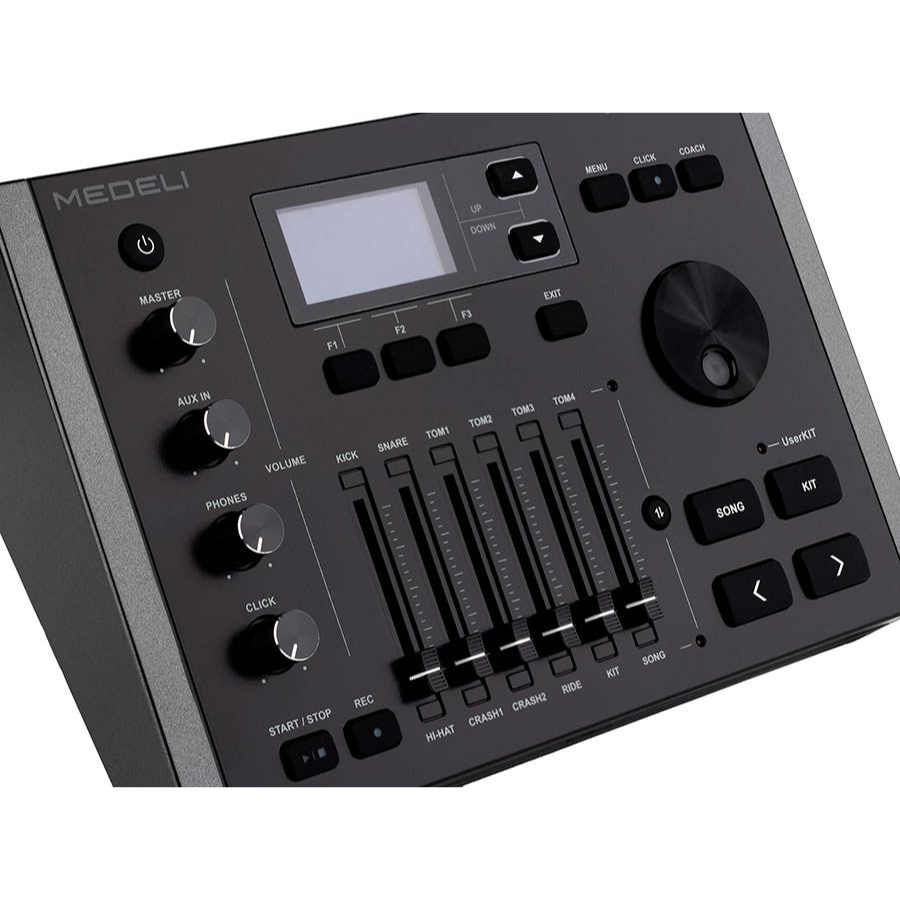 Medeli MZ725 digital drum kit in XL setup control panel with volume knobs, sliders, and menu buttons by Medeli