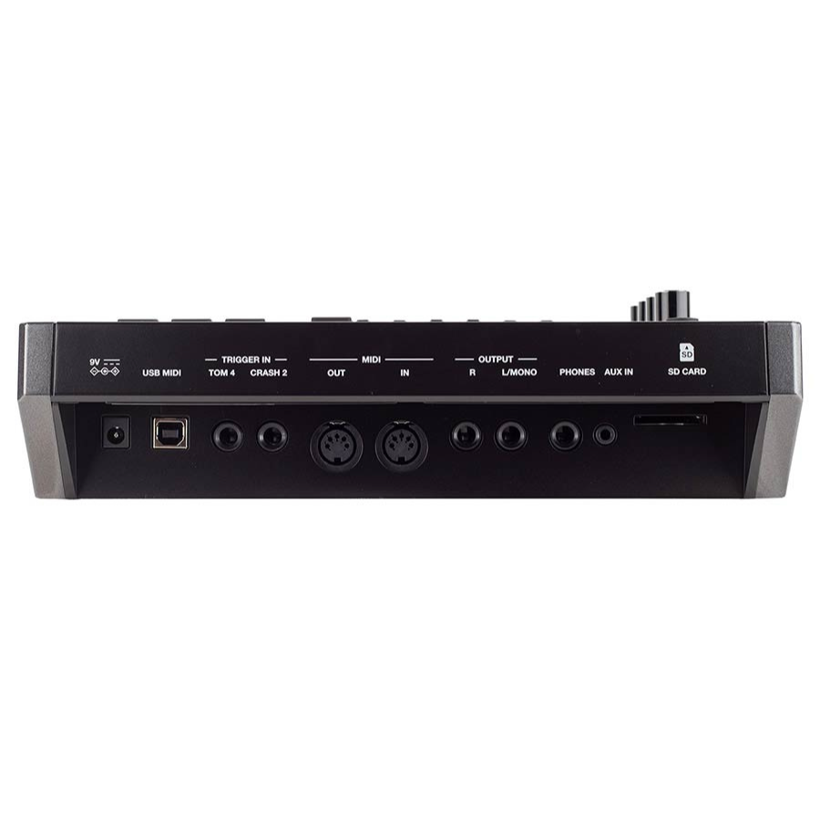 Medeli MZ725 digital drum kit in XL setup showing USB MIDI, trigger, MIDI, output, phones, aux, and SD card ports panel.