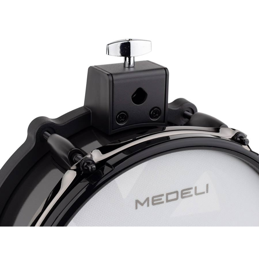 Close-up of Medeli MZ725 digital drum kit in XL setup mesh drum head with chrome tuning hardware and mount bracket.