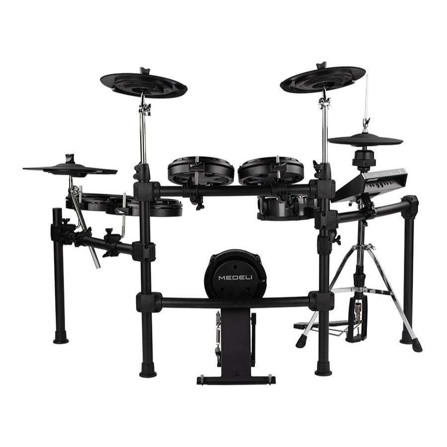 Medeli MZ725 digital drum kit in XL setup with dual-zone mesh heads and real hi-hat stand by Medeli