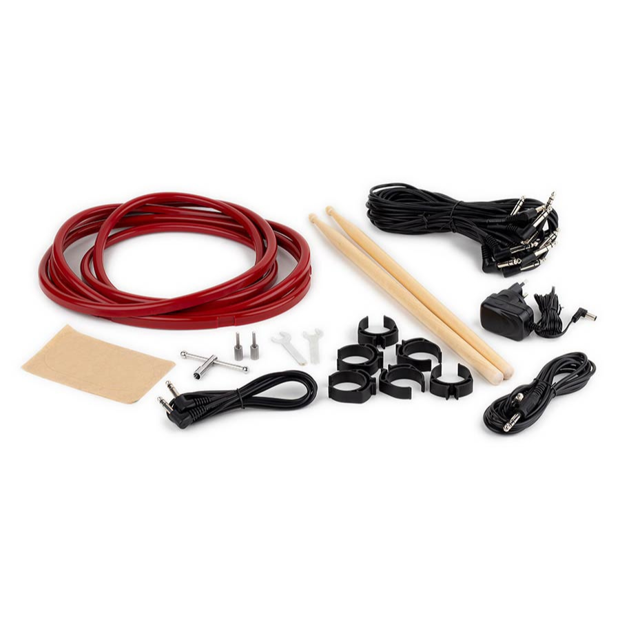 Medeli MZ725 digital drum kit in XL setup accessories including drumsticks, cables, connectors, and mounting hardware by Medeli