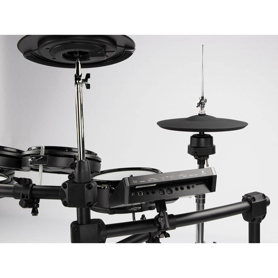 Medeli MZ725 digital drum kit in XL setup showcasing drum pads, cymbals, and control module in black design