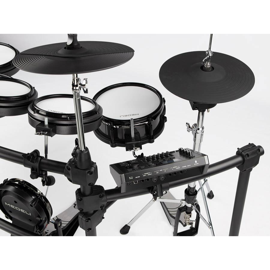 Medeli MZ725 digital drum kit in XL setup with dual-zone mesh heads and real hi-hat stand in black finish
