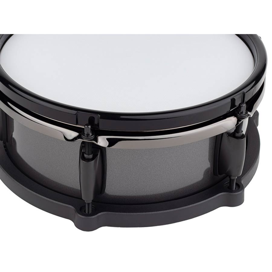 Close-up of drum snare with mesh head and black hardware from Medeli MZ725 digital drum kit in XL setup