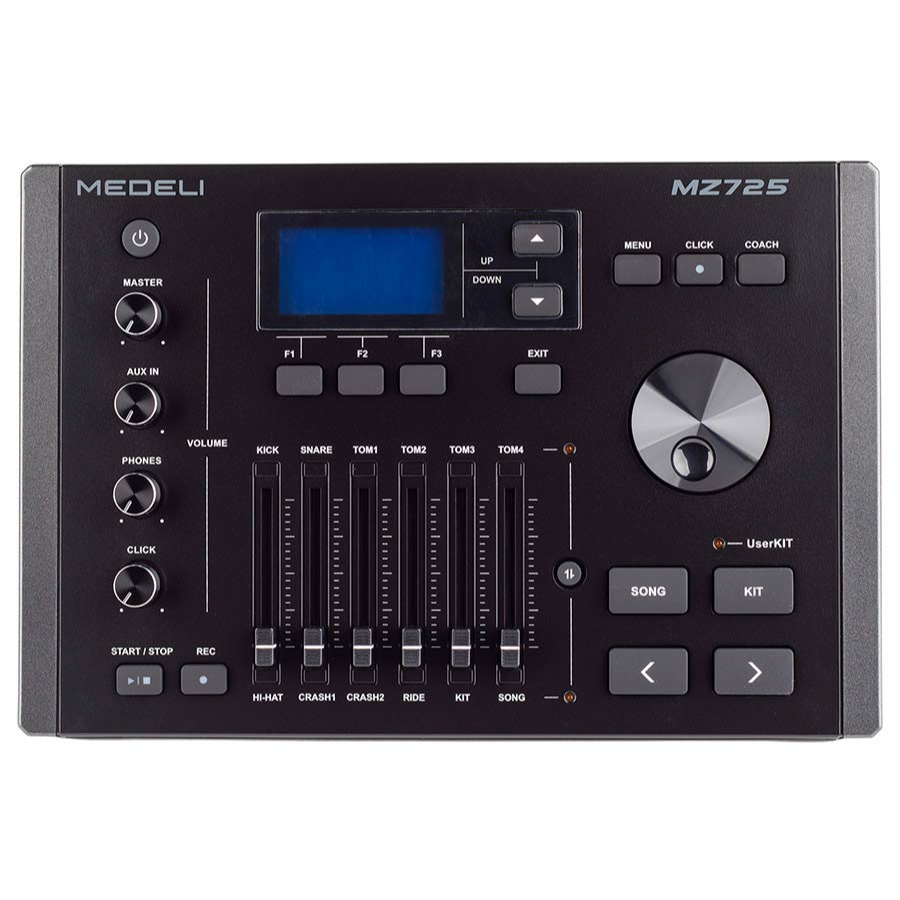 Medeli MZ725 digital drum kit in XL setup control module with volume, sliders, buttons, and display panel in black design