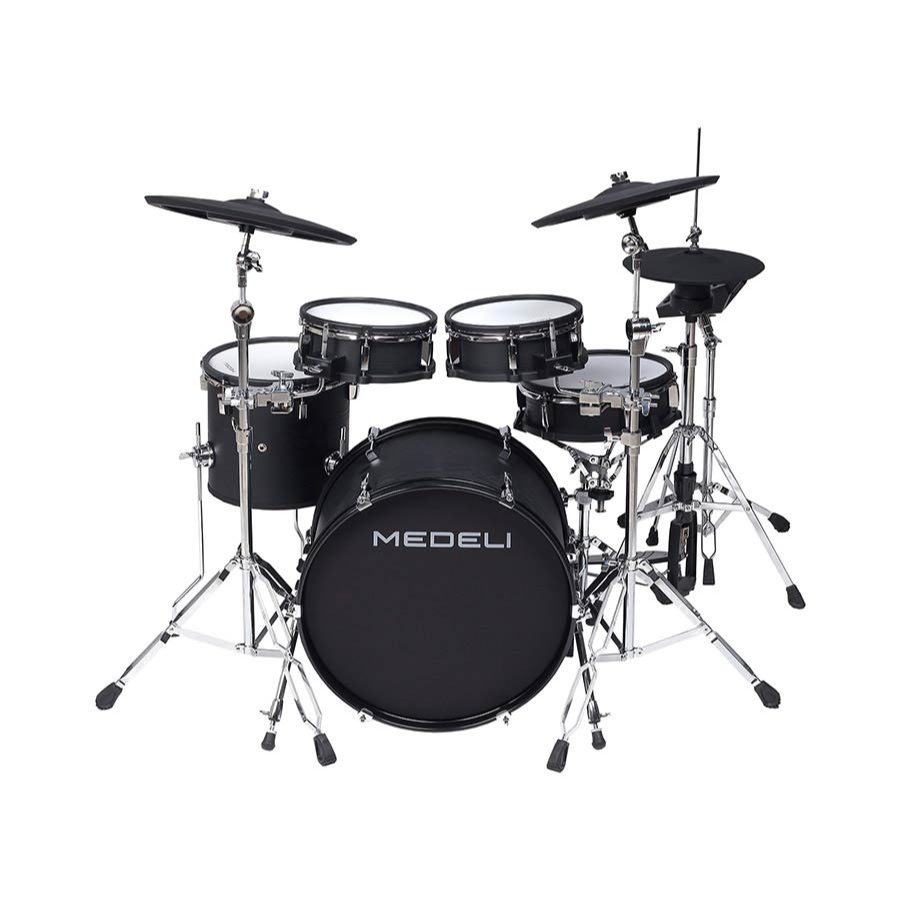 Medeli MZ729 digital drum kit with black woodgrain finish and full-size acoustic shells by Medeli