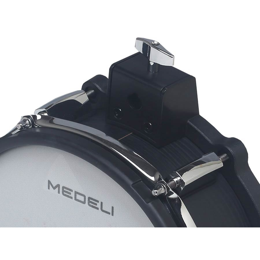 Close-up of Medeli MZ729 digital drum kit bass drum mesh head with black woodgrain shell and hardware details