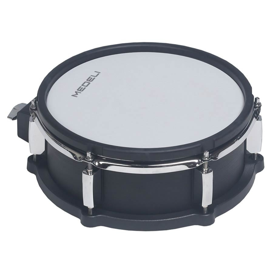 Medeli MZ729 digital drum kit snare drum pad with black shell and chrome hardware, part of Medeli electronic kit.