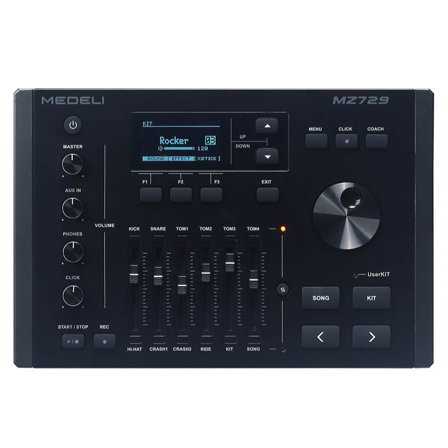 Medeli MZ729 digital drum kit control panel with volume knobs, sliders, buttons, and digital display in black finish