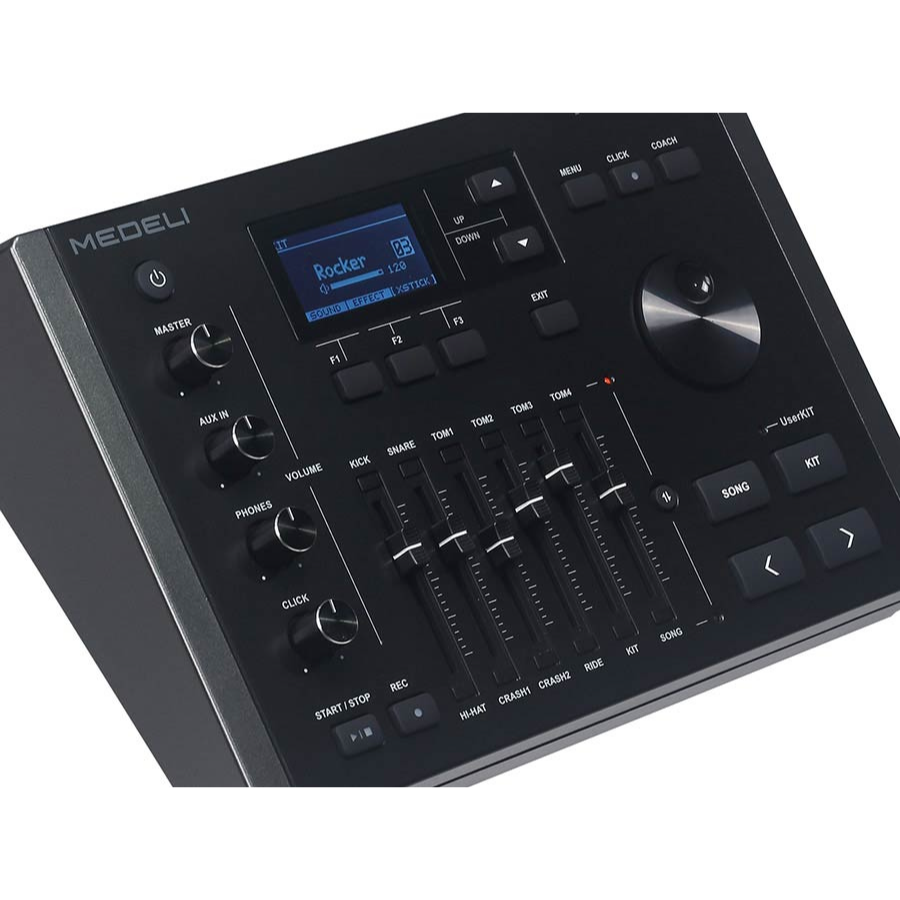 Medeli MZ729 digital drum kit control panel with volume knobs, sound sliders, and blue backlit LCD screen