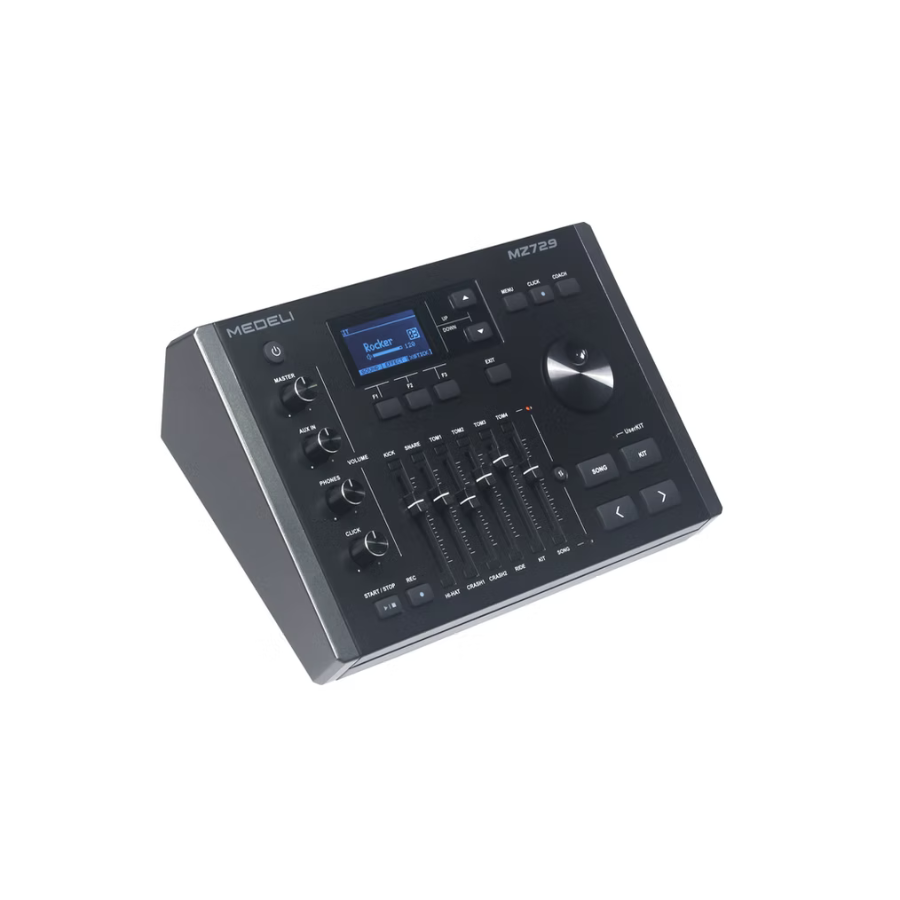 Medeli MZ729 digital drum kit control module with screen, buttons, sliders, and rotary dial in black finish