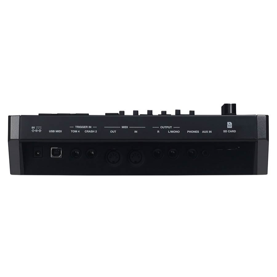 Medeli MZ729 digital drum kit rear panel showing USB MIDI, trigger inputs, MIDI ports, output jacks, headphone, AUX, and SD card slots.