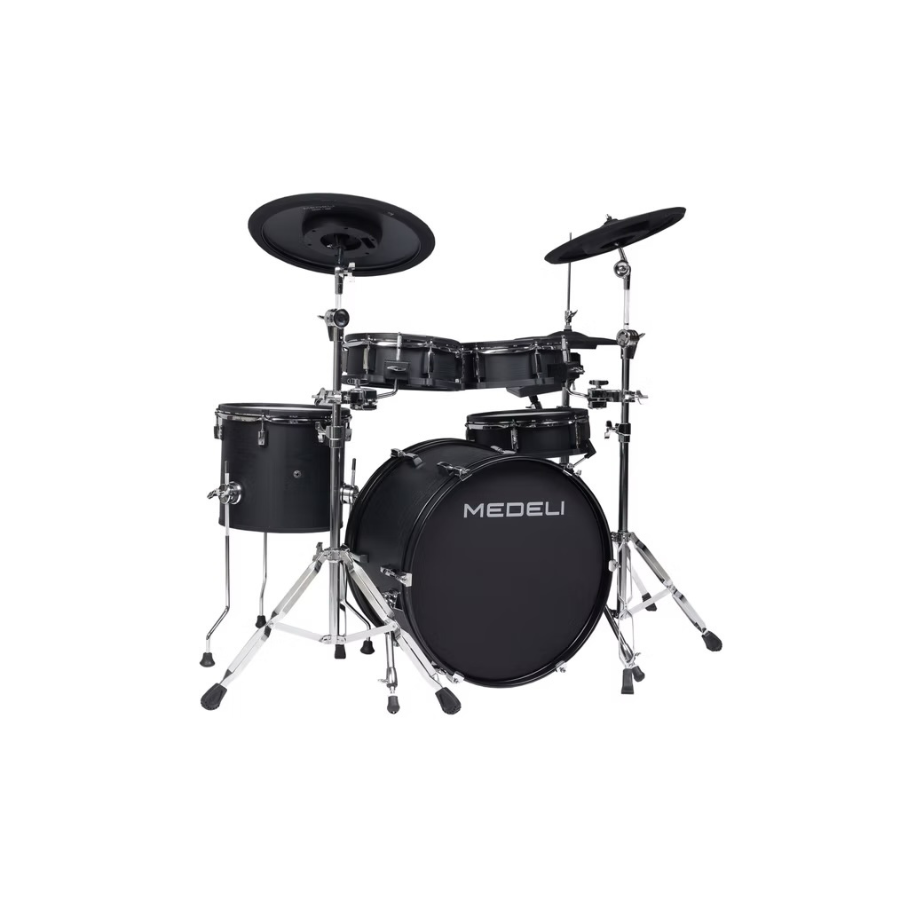 Medeli MZ729 digital drum kit in black woodgrain with full-size acoustic shell design and cymbals included