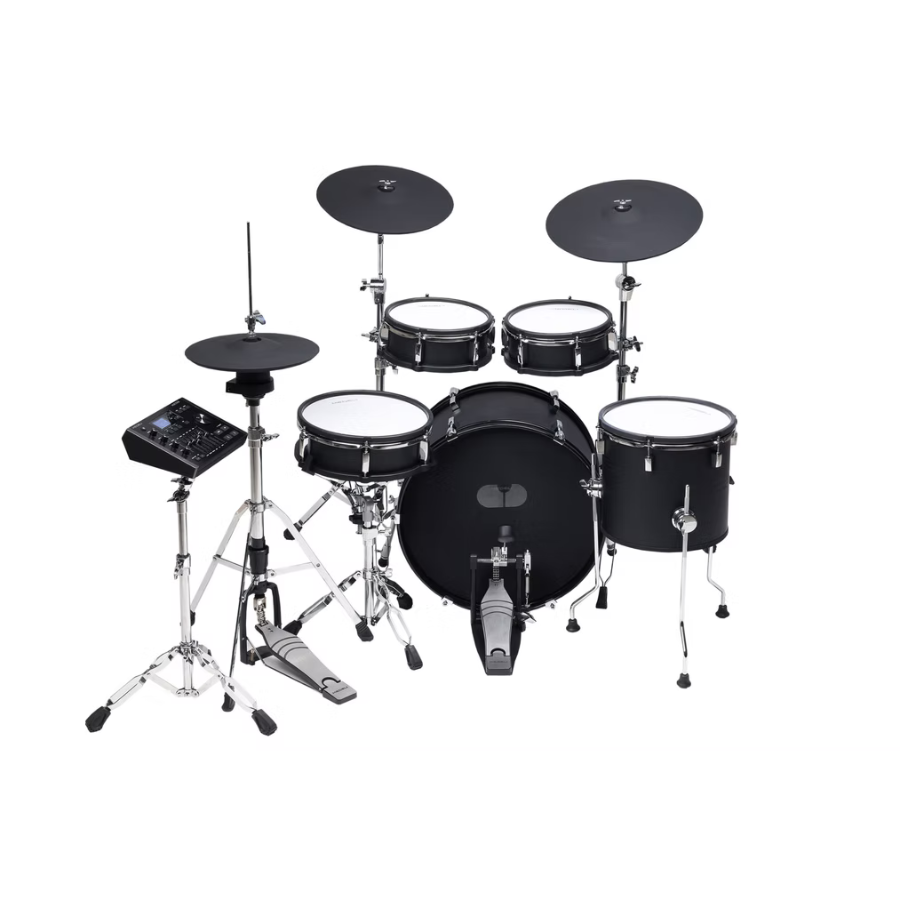 Medeli MZ729 digital drum kit with black woodgrain bass drum and electronic cymbals on chrome stands
