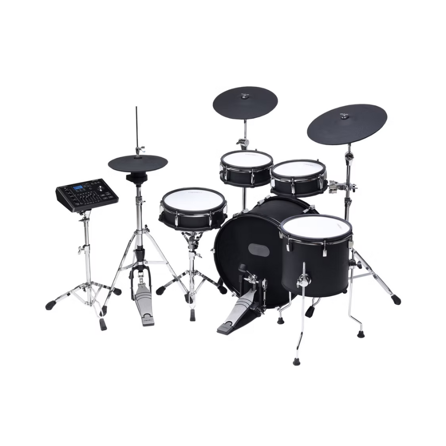 Medeli MZ729 digital drum kit with black woodgrain mesh bass drum and electronic drum pads on chrome stands
