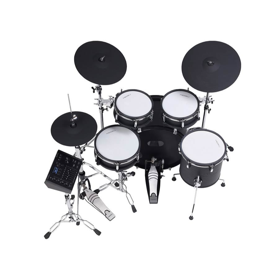 Medeli MZ729 digital drum kit with black woodgrain finish, mesh drums, cymbals, and control module by Medeli.