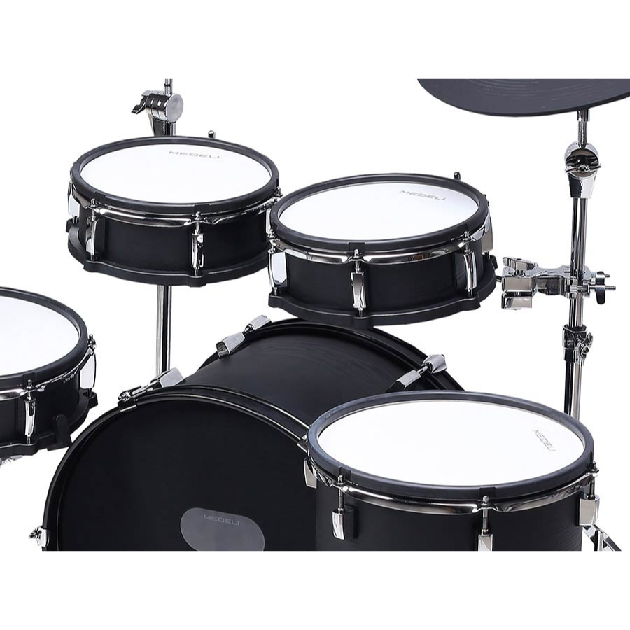 Medeli MZ729 digital drum kit with black woodgrain finish, featuring full-size acoustic shell drums and chrome hardware.