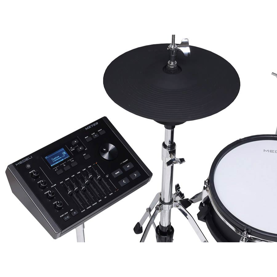 Medeli MZ729 digital drum kit control module and cymbal with detailed hardware and snare drum components visible