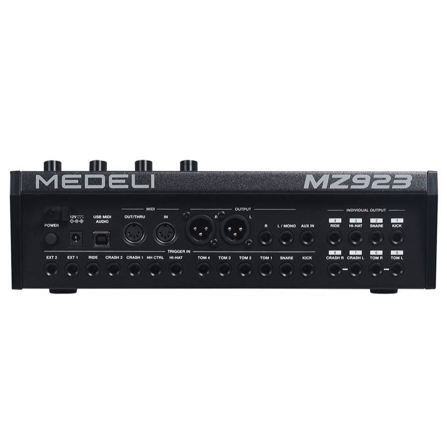 Rear panel of Medeli MZ923 digital drum kit showing multiple audio, MIDI, and trigger input/output connections by Medeli.