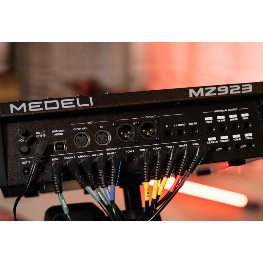 Medeli MZ923 digital drum kit back panel showing advanced connectivity ports and multiple cable connections by Medeli.