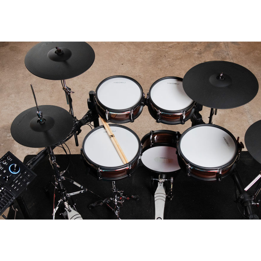 Medeli MZ923 digital drum kit with wooden shell, vintage rosewood finish, black cymbals, and electronic control panel