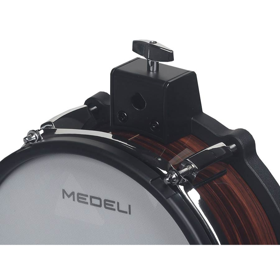 Close-up of Medeli MZ923 digital drum kit drum head with wooden shell and chrome hardware by Medeli.