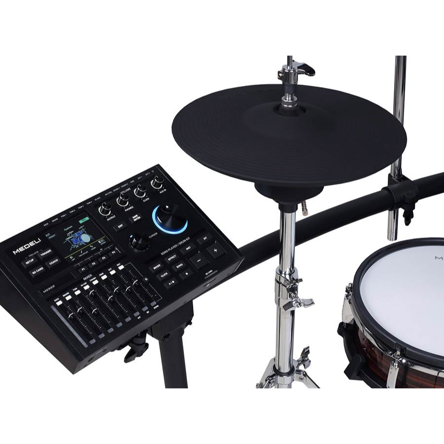 Medeli MZ923 digital drum kit showing control panel, electronic cymbal, and a snare drum with wooden finish