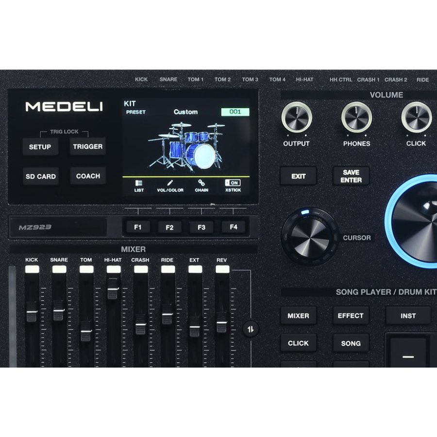 Medeli MZ923 digital drum kit control panel with display, mixer sliders, and volume knobs in black finish