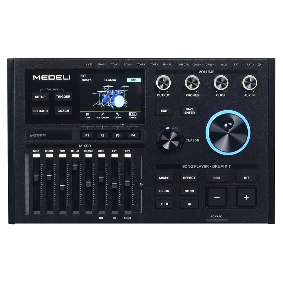 Medeli MZ923 digital drum kit control panel with volume knobs, mixer sliders, and display screen showing drum kit preset.