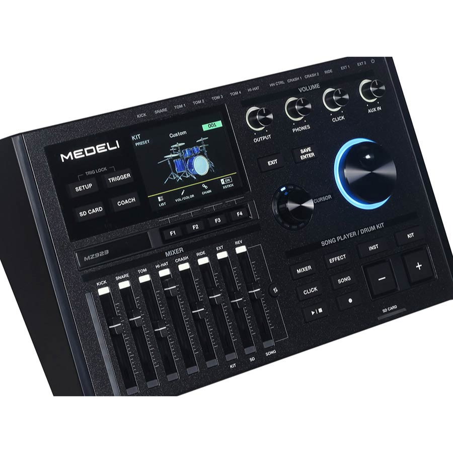 Medeli MZ923 digital drum kit control panel with screen, knobs, sliders, and buttons for advanced connectivity and sound control.