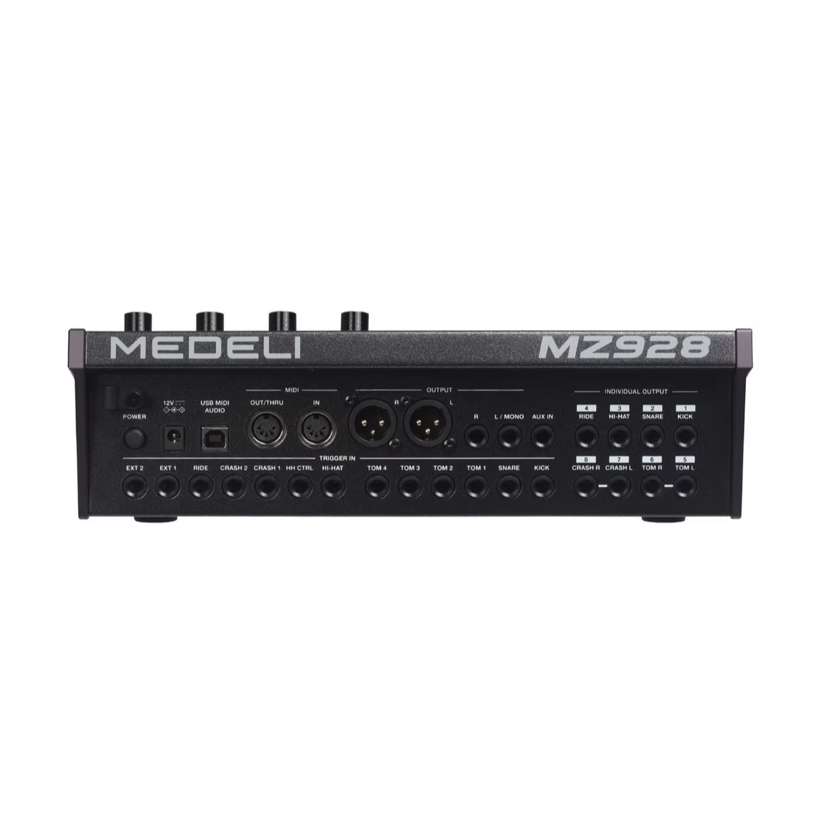 Medeli MZ928 - Flagship digital drum kit module rear panel showing multiple input and output ports with premium wooden shells.
