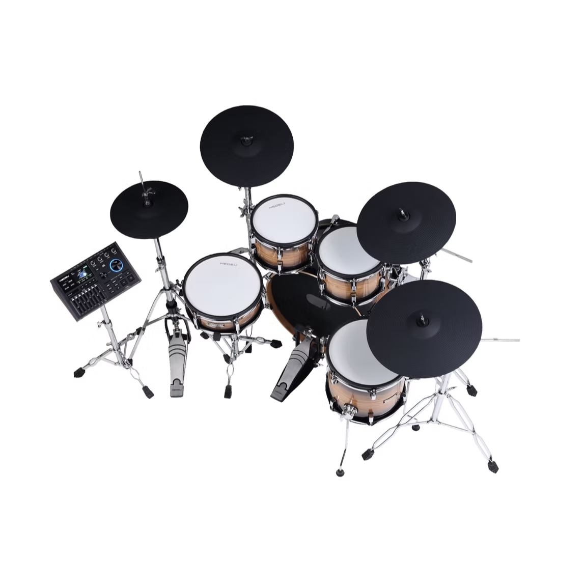 Medeli MZ928 - Flagship digital drum kit with full-size wooden shells, black cymbals, and electronic control module