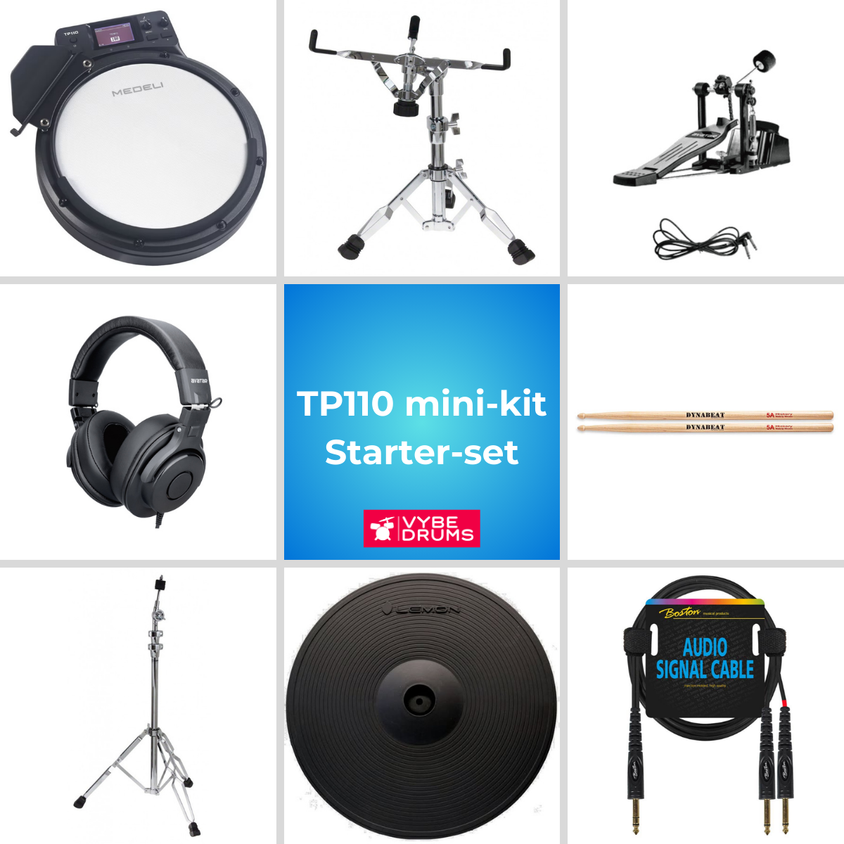 Medeli TP110 mini-kit bundle by Vybe Drums showing electronic drum pad, cymbal, pedal, headphones, sticks, and cables.