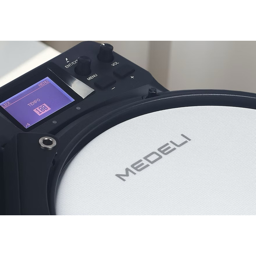 Close-up of the Medeli TP110 Pro - Your Daily Dose of Drum-Rhythm Exercises digital practice pad with display and control buttons.