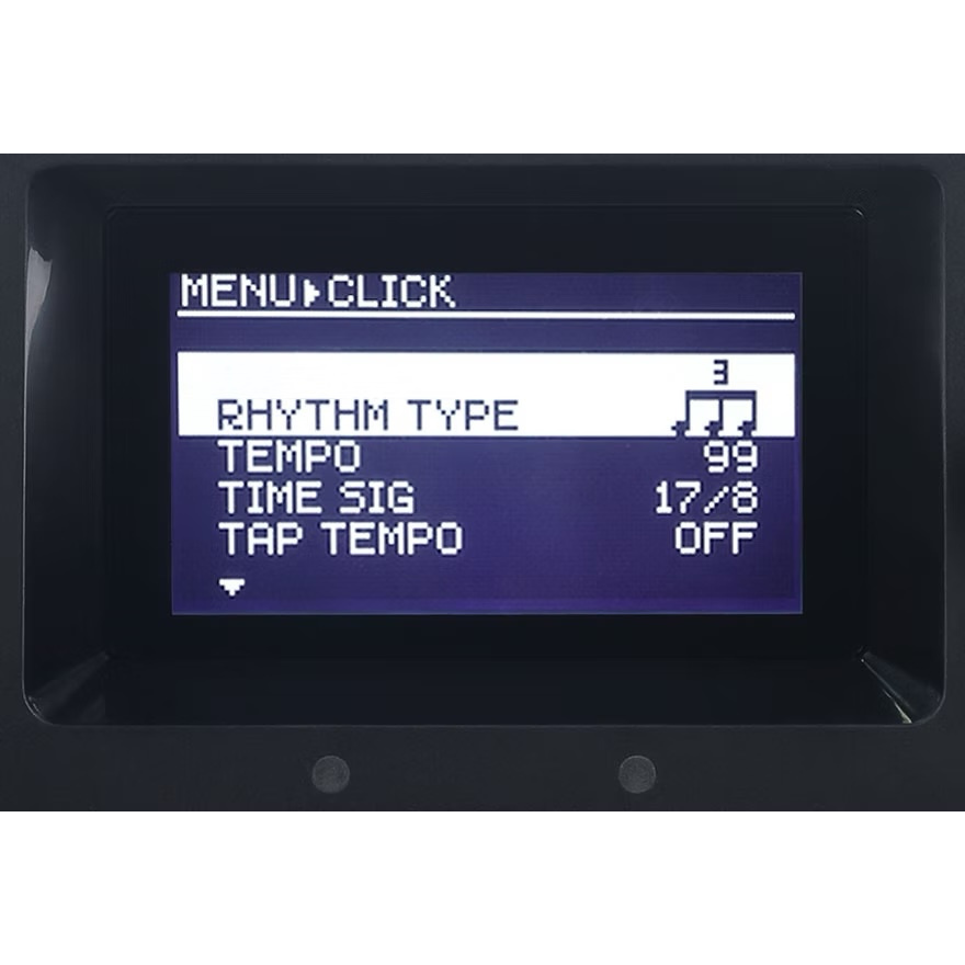 Menu screen on Medeli TP110 Pro - Your Daily Dose of Drum-Rhythm Exercises showing rhythm type, tempo, and time signature options