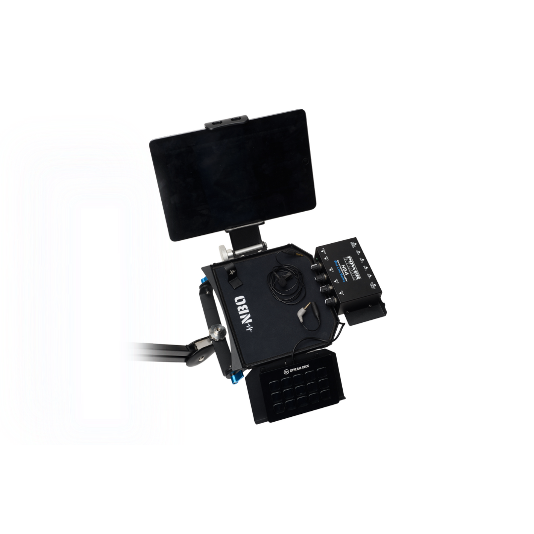 NBO Angled Extension for Oneboard showing ergonomic setup with connected devices and cable management notch