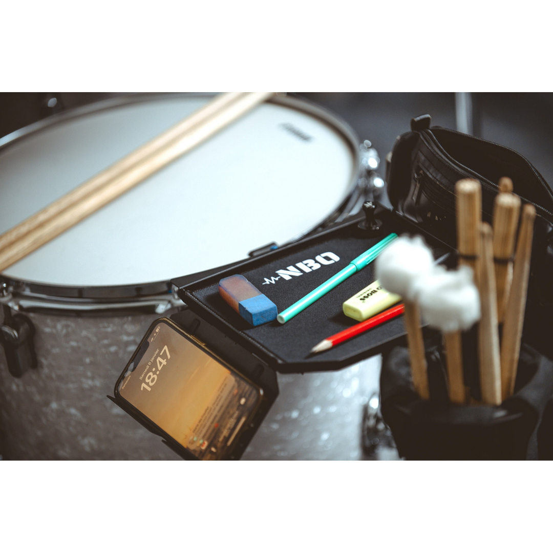 NBO Oneboard - Performance Pack modular gear tray attached to a drum hoop holding sticks and essentials near drum set