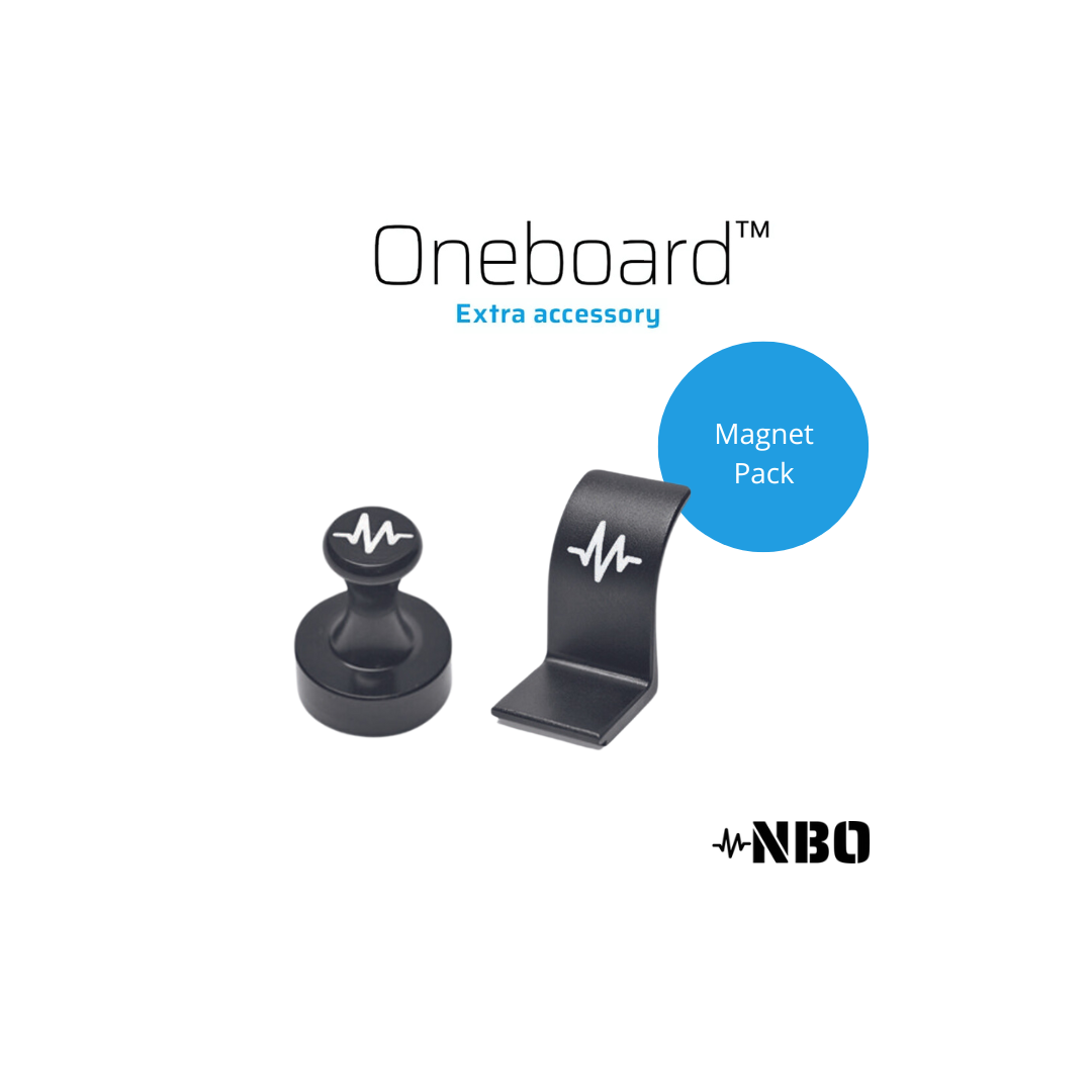 NBO Magnet Pack for Oneboard showing black L-shaped and button magnets with white waveform logo for holding items.