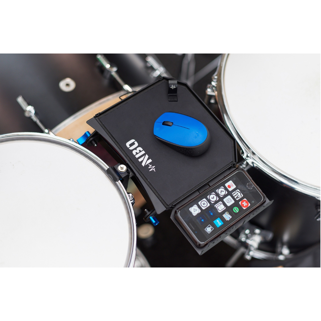 NBO Oneboard - Essential Pack mounted on drum hoops holding a blue mouse and smartphone by NBO premium Swiss quality