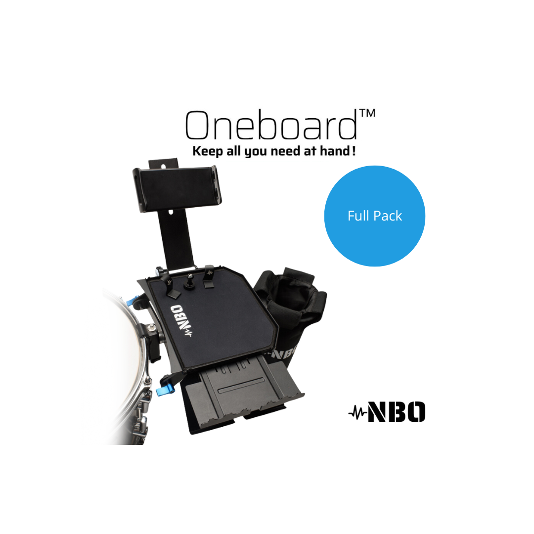 NBO Oneboard - Full Pack modular gear tray mounted on drum hoop with phone holder and accessory slots by NBO