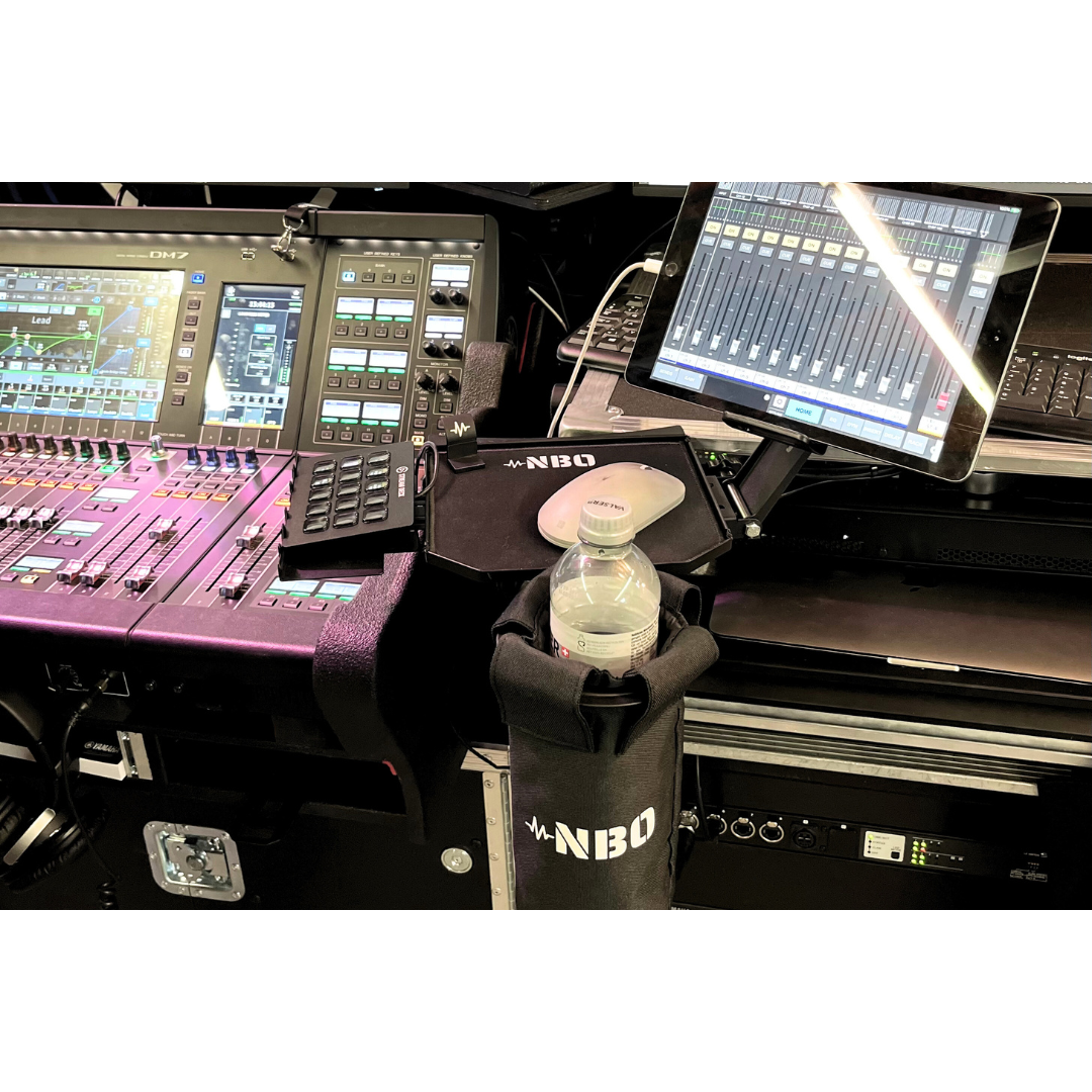 NBO Oneboard - Full Pack mounted on audio equipment with water bottle holder, tablet stand, and gear tray by NBO