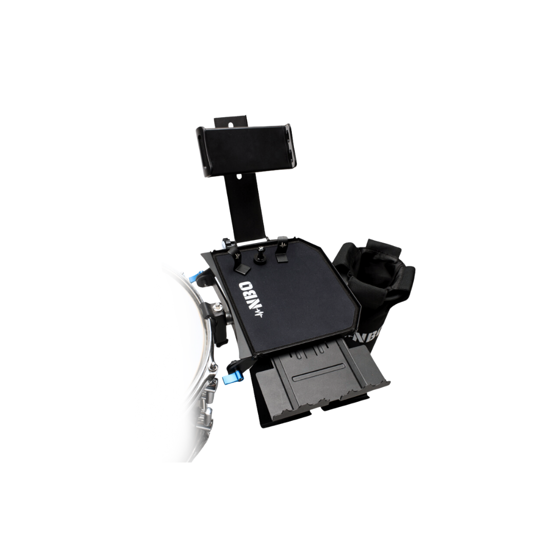 NBO Oneboard - Full Pack modular gear tray attached to a drum hoop, with phone holder and accessory mounts.