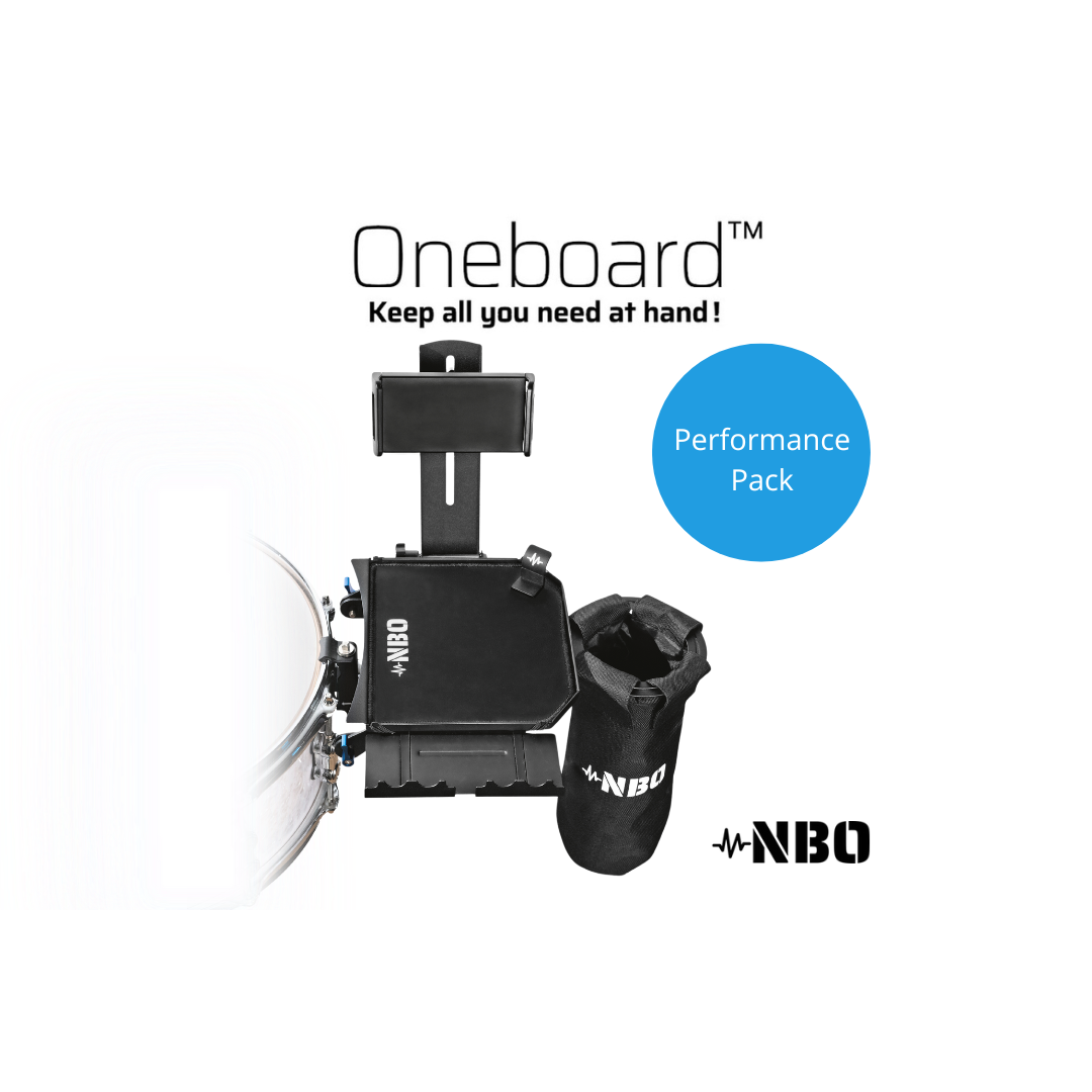 NBO Oneboard - Performance Pack modular gear tray mounted on drum hoop with black compact storage stations by NBO