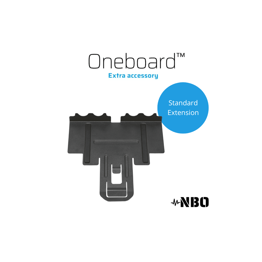 NBO Standard Extension for Oneboard black accessory panel with slots and NBO logo on white background