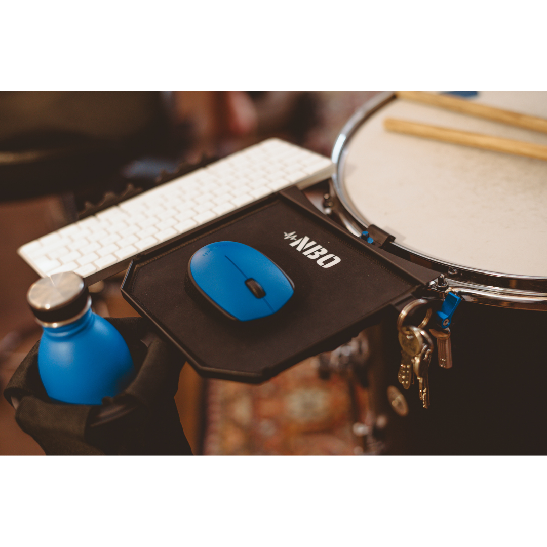 NBO Standard Extension for Oneboard showing blue mouse, water bottle, and drum keys organized on a drum practice setup