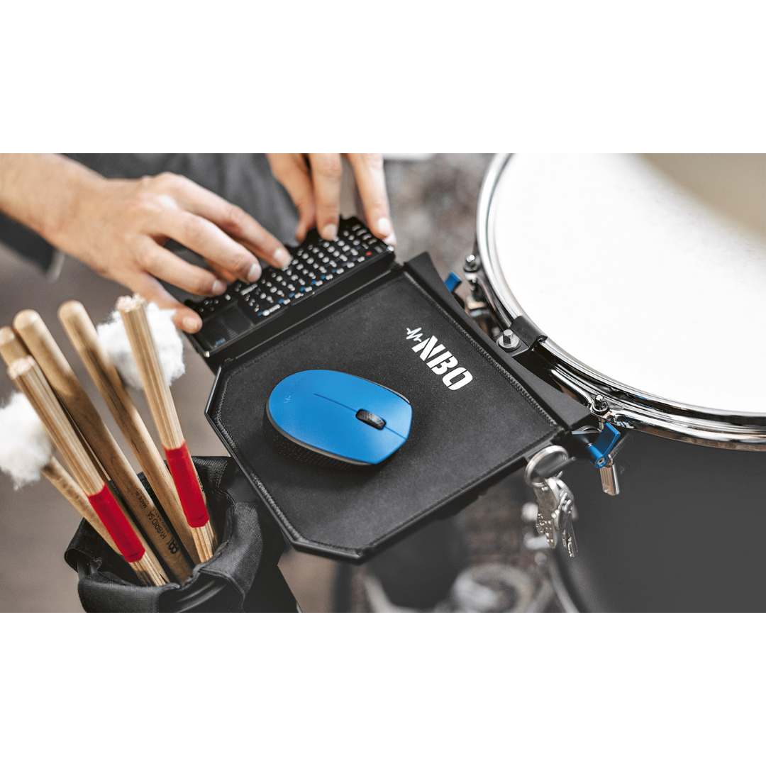 NBO Stick / Drink Holder for Oneboard attached to drum with sticks and a blue mouse on the holder surface